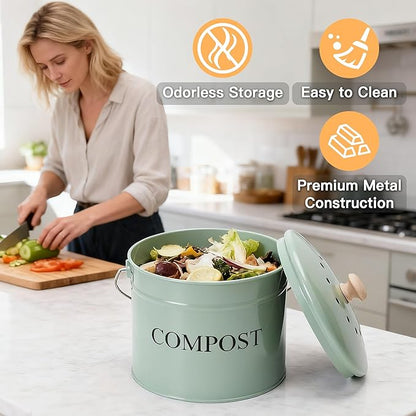 Compost Bin for Kitchen Counter, 1 Gallon Compost Bucket with Lid and Charcoal Filter, Countertop Composter, Rust Proof Indoor Food Waste Bin, Green