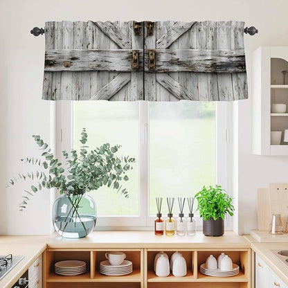 Kitchen Curtains Tiers and Valance Set of 3, Vintage Gate Light Filtering Window Curtain Set, Farmhouse Wooden Grain Shabby Chic Door Rod Pocket Curtain Drapes for Cafe, Living Room, 36 Inches Tiers