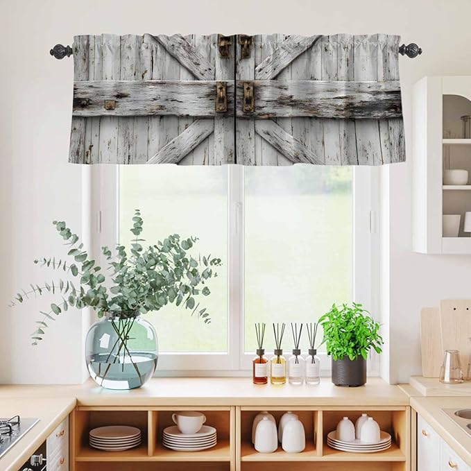 Kitchen Curtains Tiers and Valance Set of 3, Vintage Gate Light Filtering Window Curtain Set, Farmhouse Wooden Grain Shabby Chic Door Rod Pocket Curtain Drapes for Cafe, Living Room, 24 Inches Tiers