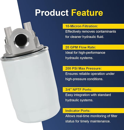 10 Micron Hydraulic Oil Filter Assembly, Spin-On Design, Return Line Filter with Indicator Port, 20 GPM Flow Rate, 200 PSI, 3/4" NPTF Port, Replace# 221006
