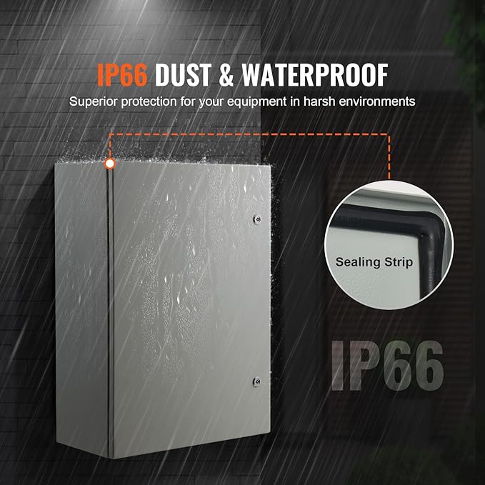 VEVOR Steel Electrical Box, 28 x 20 x 10 in, Cold Rolled Steel Electrical Enclosure Box, Wall-Mounted Outdoor Electrical Electronic Equipment Enclosure with Mounting Plate Hinges Lock, IP66 Waterproof
