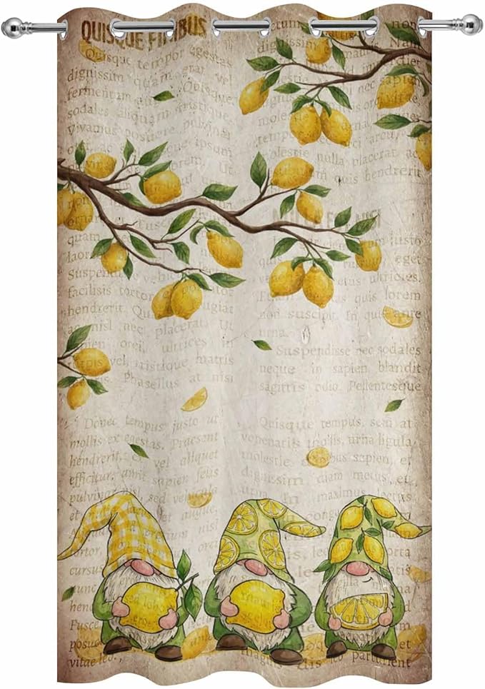 Summer Gnome Outdoor Curtains for Patio Gnome Lemon Leaf Vintage Waterproof Outside Curtains with Grommet Top Weatherproof Curtain for Cabana Pergola Gazebo, 1 Panel, 54" W x 95" L