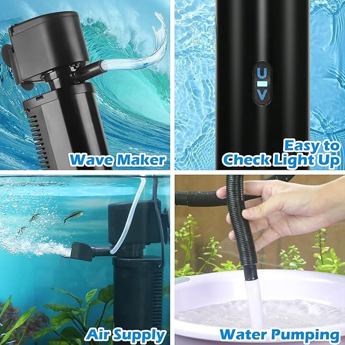 Aquarium U-V Filter 290GPH w/ Scientific Timer for 40-150 Gallon Fish Turtle Tank Internal Filter Bio Sponge Submersible Power Pump w/ Aeration Deodorization Saltwater Freshwater Green Clean Machine