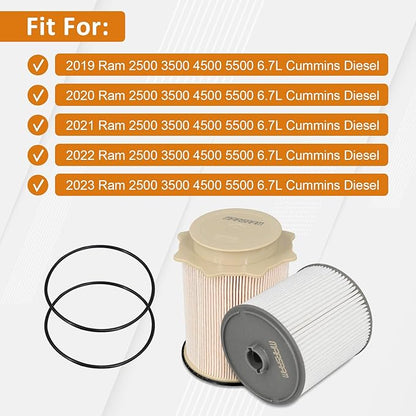 Marsram Fuel Filter for Ram 2500 3500 4500 5500 6.7 Cummins Diesel, Fuel Filters fit for 2019 2020 2021 2022 2023 Dodge Ram, 2 Set Fuel Filter Water Separator Kit Replace 68157291AA 68436631AA