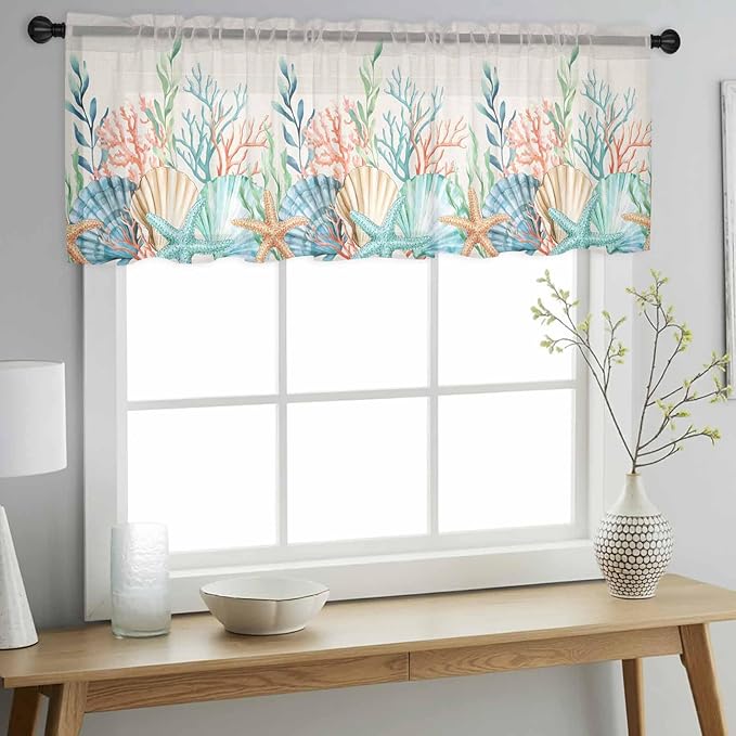 Summer Beach Sheer Valance Curtains, Ocean Colorful Coral Shell Seaweed Starfish Linen Light Filtering Kitchen Valances Rod Pocket Voile Curtain Treatment for Bedroom/Living Room/Basement 54Wx18L
