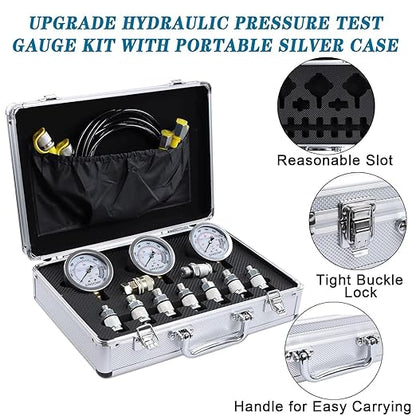 SINOCMP Hydraulic Pressure Test Kit with 3 Gauges 25/40/60 Mpa, 9 Couplings, 3 Test Hoses, Hydraulic Gauge Tester Set for Excavator Construction Machinery