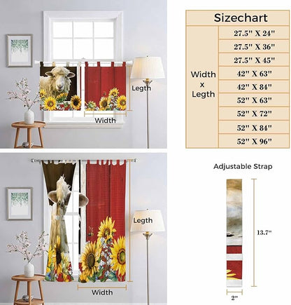 Sheep Flowers Bedroom Curtains 72 Inch Length, Window Curtains Tab Top, Country Red Barn Botanical Sunflowers Light Filtering Window Treatments Drapes 52"x72" 2 Panel