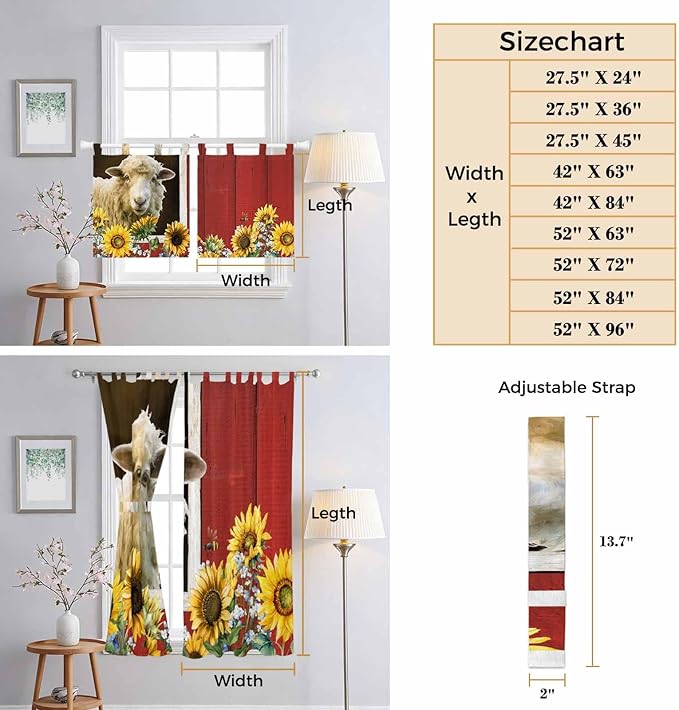 Sheep Flowers Bedroom Curtains 63 Inch Length, Window Curtains Tab Top, Country Red Barn Botanical Sunflowers Light Filtering Window Treatments Drapes 42"x63" 2 Panel