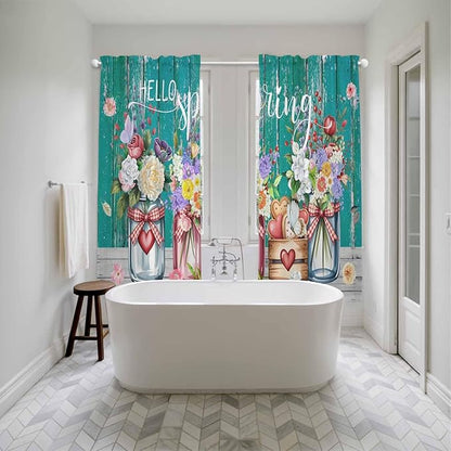 Spring Flowers Kitchen Curtains, Farmhouse Watercolor Teal Wood Grain Light Filtering Window Curtain Panels, 2Pcs Rod Pocket Window Treatments Set for Living Room Bathroom Bedroom 52x72 Inches