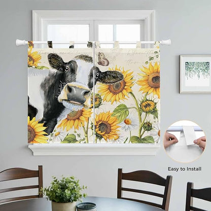 Yellow Sunflowers Kitchen Curtains 45 Inch Length, Short Cafe Window Curtains Tab Top, Country Cow Flower Butterfly Farmhouse Cream Light Filtering Window Treatments Tier Drapes 27.5"x45" 2 Panel