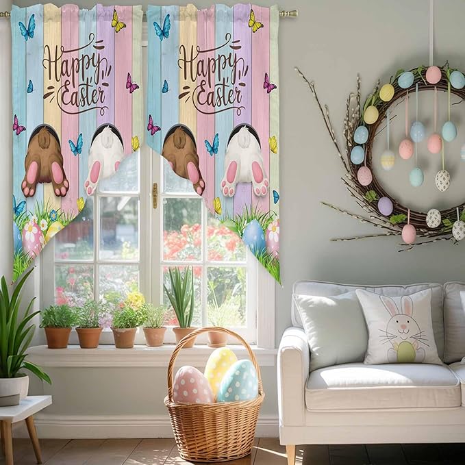 Swag Curtain Valances for Kitchen Windows,Happy Easter Rabbit Butt Egg on Daisy Leaf Short Rod Pocket Window Valance,Bufferfly on Wood Barn Swag Topper for Bedroom Living Room,2 Panels 36x63in