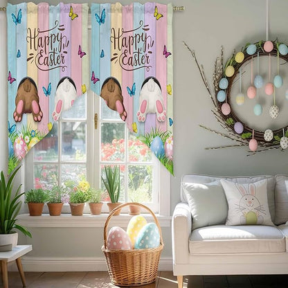 Swag Curtain Valances for Kitchen Windows,Happy Easter Rabbit Butt Egg on Daisy Leaf Short Rod Pocket Window Valance,Bufferfly on Wood Barn Swag Topper for Bedroom Living Room,2 Panels 28x36in