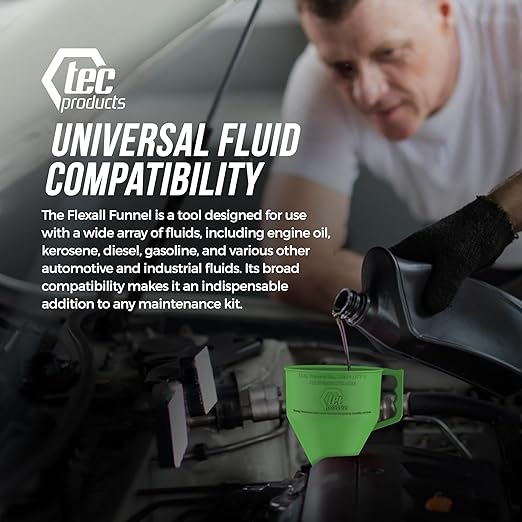 TEC Products FlexAll Long Flexible Funnels - Automotive Oil Funnel with Hose, Durable Nitrile Rubber for Oil Change, Transmission Funnel Fluid, Diesel, Fuel, Gas - Made in USA - Green (16 x 5 Inches)