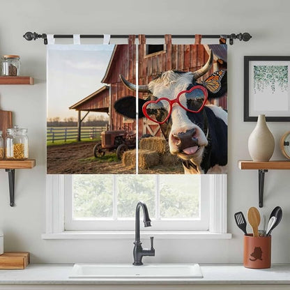 Farm Cows Bedroom Curtains 63 Inch Length, Window Curtains Tab Top, Farmhouse Barn Funny Animals Butterfly Light Filtering Window Treatments Drapes 42"x63" 2 Panel