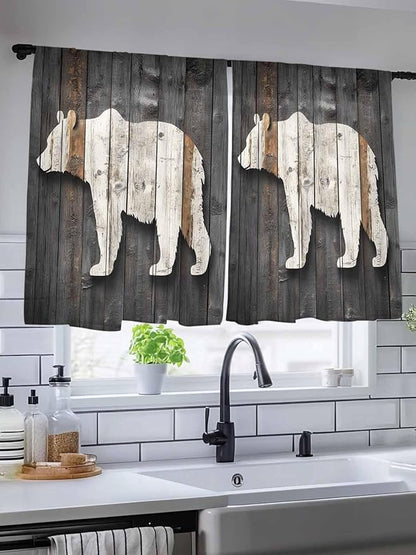 Sheer Curtains 45 Inch Length, Vintage White Brown Bear Semi Sheer Curtains Light Filtering Window Treatment, Retro Country Rustic Wood Grain Privacy Voile Drapes for Living Room Bedroom 52x45 Inch