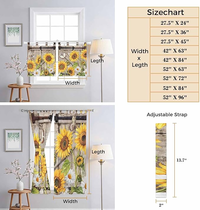 Farmhouse Sunflowers Kitchen Curtains 45 Inch Length, Short Cafe Window Curtains Tab Top, Rustic Barn Doors Flowers Butterfly Wooden Light Filtering Window Treatments Tier Drapes 27.5"x45" 2 Panel