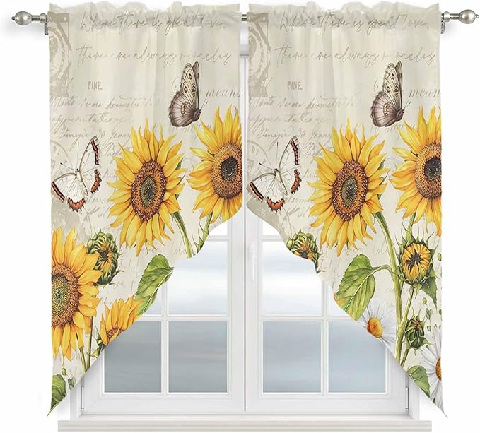 Farm Sunflowers Swag Valances for Windows, Retro Flowers Butterfly Botanical Beige Rod Pocket Kitchen Curtains Valance, Small Window Curtains Swag for Cafe Bathroom Living Room, 2 Panels, 36x36 inch