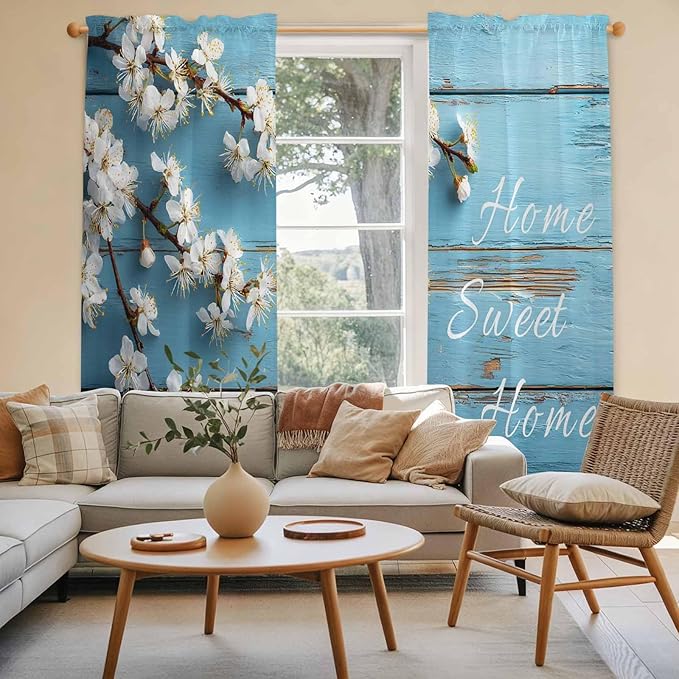 Farmhouse Wooden Grain Kitchen Curtains, Vintage Shabby Chic Flower Blue Light Filtering Window Curtain Panels, 2Pcs Rod Pocket Window Treatments Set for Living Room Bathroom Bedroom 52x72 Inches