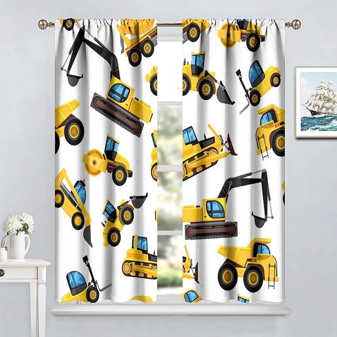 Kids Construction Equipment Window Curtains, Excavator Tractor Tow Truck Rod Pocket Decorative Windows Curtain for Children Teens Boys Girls Room Decor 55x63in (30% Blackout)