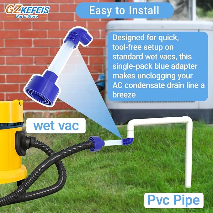 AC Drain Line Cleaner Tool, Universal HVAC to PVC Adapter for Unclogging A/C Condensate Drain Lines - Wet Vac Attachment for Efficient Evacuation, Blue, 1 Pack