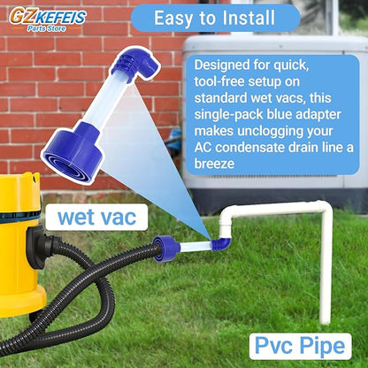 AC Drain Line Cleaner Tool, Universal HVAC to PVC Adapter for Unclogging A/C Condensate Drain Lines - Wet Vac Attachment for Efficient Evacuation, Blue, 1 Pack