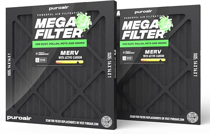 PuroAir MegaFilter - 14x14x1 Air Filter MERV 13 Activated CarbonTech Defense - Heavy Duty 3 Layer Furnace Filters Allergens, Pollen, Dust, Pet Dander, Smoke, Odors - HVAC Air Filter 14x14x1 (2-Pack)