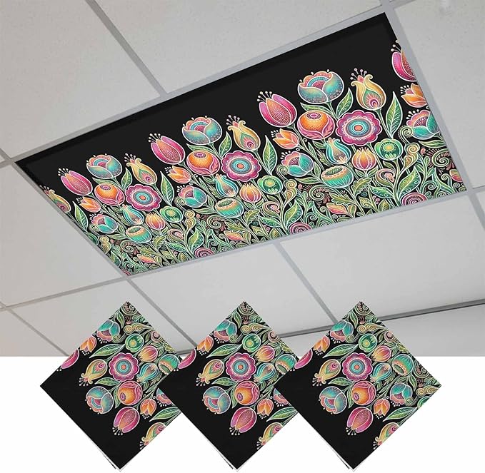 Fluorescent Light Covers for Ceiling Lights Colorful Flowers Magnetic Light Filters 3 Pack 4x2 ft Abstract Lines Floral Ceiling Lights Cover for Classroom Office School Home Drop Lamp Decor