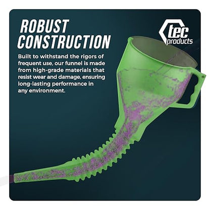 TEC Products FlexAll Long Flexible Funnels - Automotive Oil Funnel with Hose, Durable Nitrile Rubber for Oil Change, Transmission Funnel Fluid, Diesel, Fuel, Gas - Made in USA - Green (16 x 5 Inches)