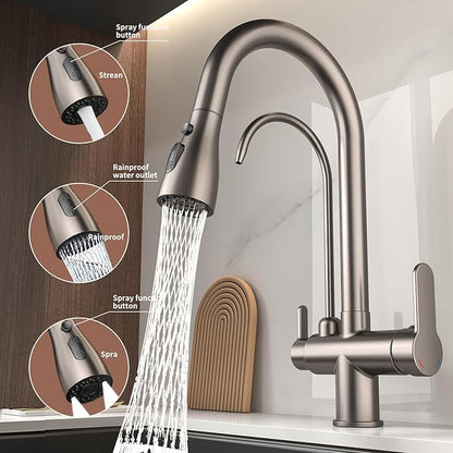 Kitchen Sink Faucet with Pull - Down Sprayer, 2 - Handle 3 - in - 1 Kitchen Sink Filter Faucet, Cold and Hot Mixer Drinking Water Faucet (3-in-1 Filter Faucet, Grey)