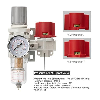 Pneumatic Air Compressor Filter Regulator Combo 1/4" NPT 0-150 PSI,Pressure relief 3 port valve,Manual Drain,5 Micron Brass Element