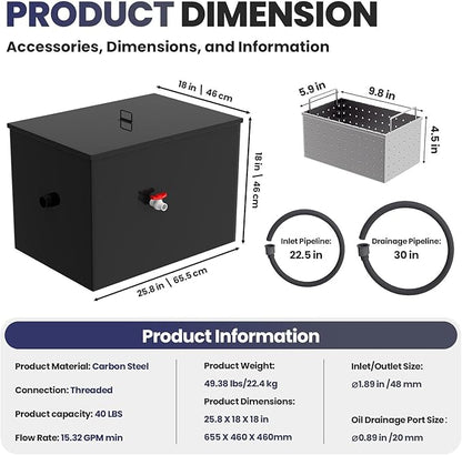 15.3 GPM Under Sink Grease Trap with Filter Baskets, 40 LBS Commercial Grease Trap, 26x18x18 in, 3-Layer Steel Grease Interceptor for Kitchen, Restaurant, Food Processing