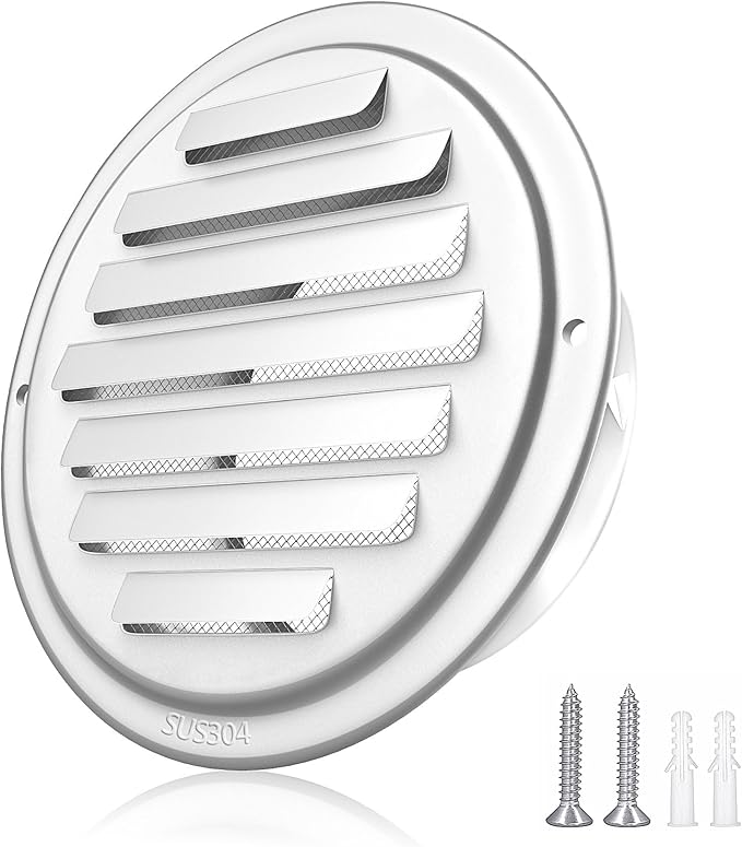6'' Shiny Silver Paint Stainless Steel Air Vents, Louvered Grille Cover Vent Hood Flat Ducting Ventilation Air Vent Wall Air Outlet with Fly Screen Mesh for House (6 inch Shiny Silver Paint Cover)