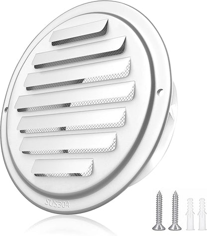 6'' Shiny Silver Paint Stainless Steel Air Vents, Louvered Grille Cover Vent Hood Flat Ducting Ventilation Air Vent Wall Air Outlet with Fly Screen Mesh for House (6 inch Shiny Silver Paint Cover)