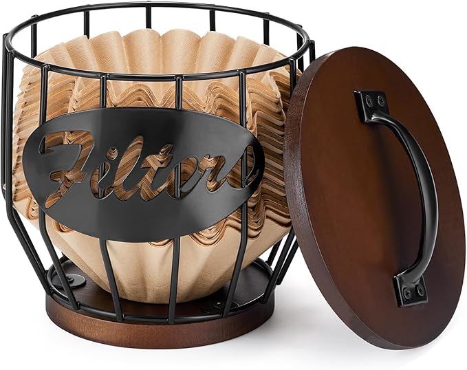 Yangbaga Coffee Filter Holder with Wood Lid,Wood and Metal Coffee Filter Storage Container Basket for Coffee Filters 2-4 Cup,Round Coffee Filter Holder Case for Counter,Coffee Bar Accessories decor