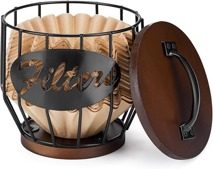Yangbaga Coffee Filter Holder with Wood Lid,Wood and Metal Coffee Filter Storage Container Basket for Coffee Filters 2-4 Cup,Round Coffee Filter Holder Case for Counter,Coffee Bar Accessories decor