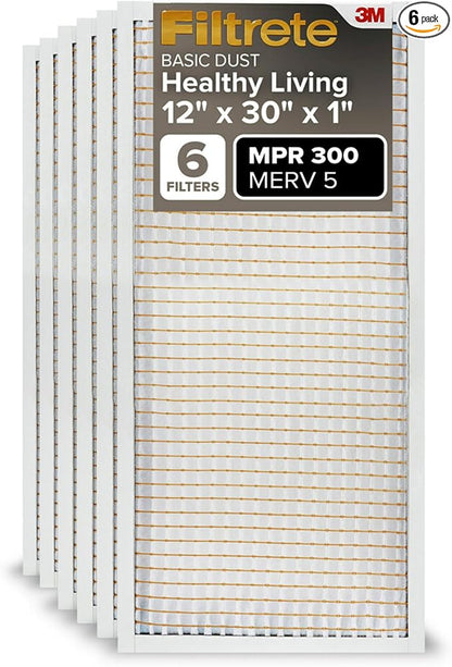 Filtrete 12x30x1 Air Filter, MPR 300, MERV 5, Clean Living Basic Dust 3-Month Pleated 1-Inch Air Filters, 6 Filters