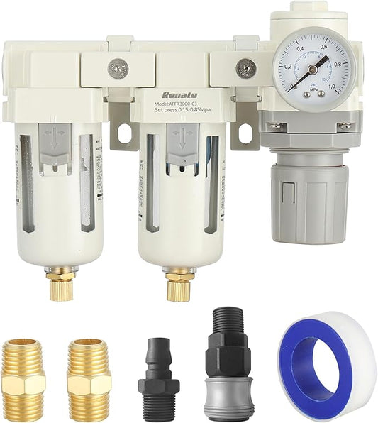 3/8" NPT Three Stage Air Drying System - 5 Micron Particulate Filter Air Pressure Regulator Combo - 0-125psi Gauge, Semi-Auto Drain, Metal Bracket