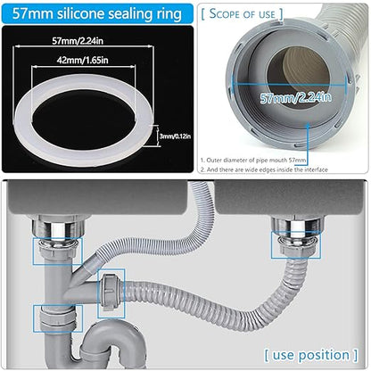 6PCS 57mm (2.24") Flat Silicone Sealing Gaskets - Leak-Proof Washers for Kitchen Sink Drain, Waste Pipe & Inclined Sliding Joints