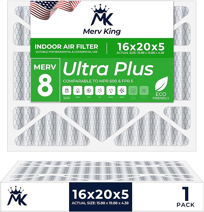 MervKing 16x20x5 Air Filter Actual Size: 15.88" x 19.88" x 4.38" MERV 8 MPR 600-700 | MADE IN USA | 1-Pack | Pleated HVAC AC Furnace Replacement