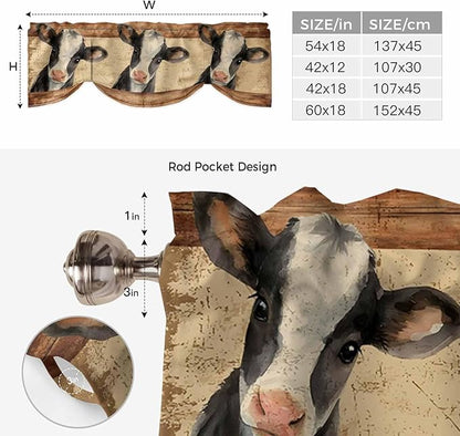 Farmhouse Cow Tie Up Valance Curtains for Windows, Kitchen Curtains Window Shades, Country Vintage Animals Wooden Grain Light Filtering Roman Curtain Valances for Bedroom/Bathroom/Cafe 60"x18"