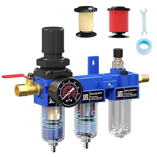 NEWPO 1/4" NPT Compressed Air Filter Regulator Lubricator Combo, Water/Oil Trap Separator,Brass Filter & Coalescing Filter,Semi-Auto Drain,Metal Bracket-Blue