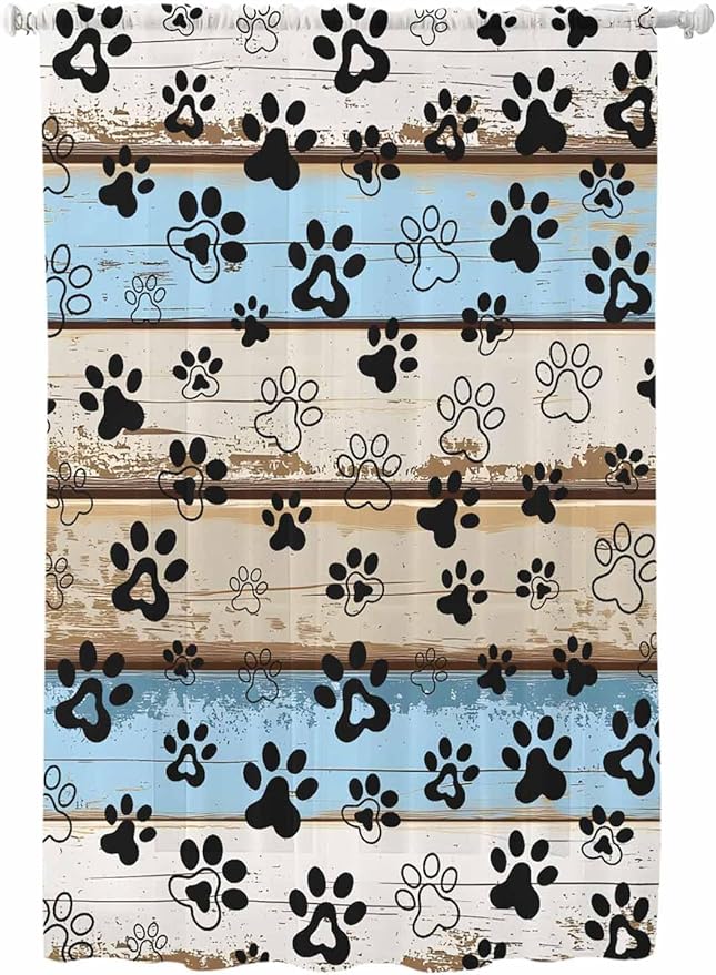 Sheer Curtains 63 Inch Length, Blue Brown Paw Prints Semi Sheer Curtains Light Filtering Window Treatment, Vintage Farmhouse Rustic Wooden Grain Privacy Voile Drapes for Living Room Bedroom 52x63 Inch