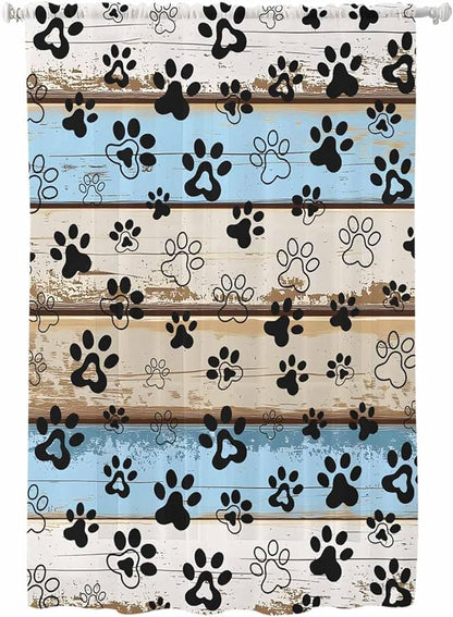 Sheer Curtains 63 Inch Length, Blue Brown Paw Prints Semi Sheer Curtains Light Filtering Window Treatment, Vintage Farmhouse Rustic Wooden Grain Privacy Voile Drapes for Living Room Bedroom 52x63 Inch