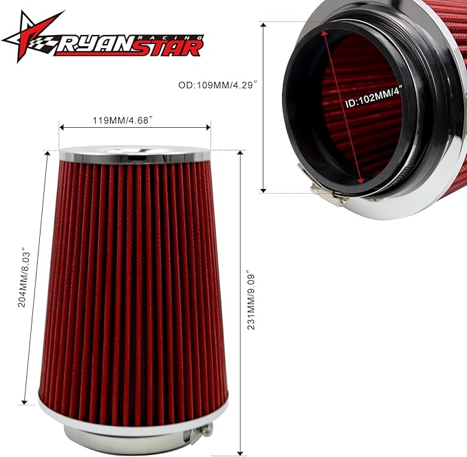 RYANSTAR RACING 102mm 4" High Flow Round Tapered Cone Cool Air Filter Cleaner with Top Filter Design Short 231mm tall