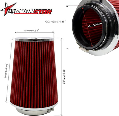 RYANSTAR RACING 102mm 4" High Flow Round Tapered Cone Cool Air Filter Cleaner with Top Filter Design Short 231mm tall