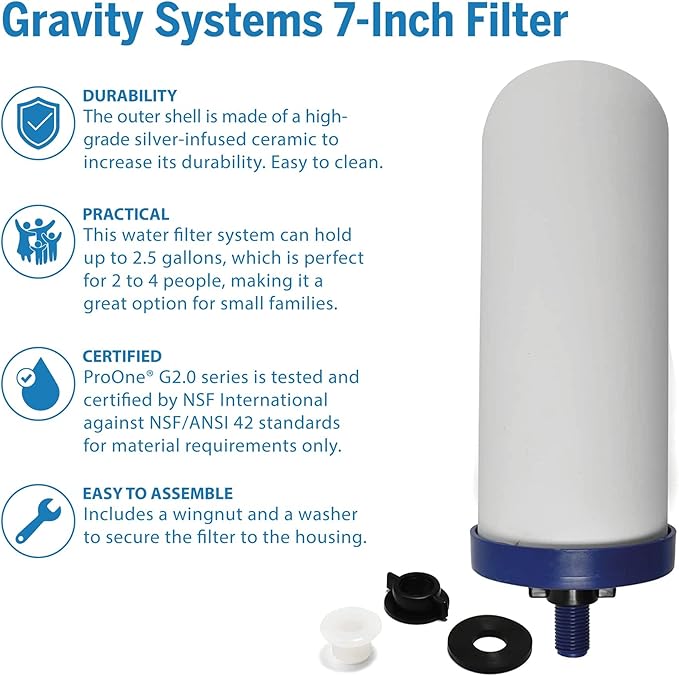 ProOne G-Series 7-Inch Gravity Filter Replacement 2-Pack - Universally Compatible with Gravity Water Filtration Systems - NSF/ANSI Certified to Reduce Lead, Microplastics, & Total PFAS (2-Pack)