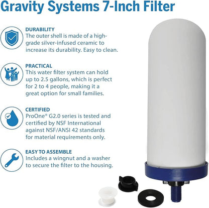 ProOne G-Series 7-Inch Gravity Filter Replacement 2-Pack - Universally Compatible with Gravity Water Filtration Systems - NSF/ANSI Certified to Reduce Lead, Microplastics, & Total PFAS (2-Pack)
