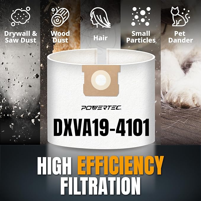 POWERTEC DXVA19-4101 Vacuum Bags 5 Pack for Dewalt DXV06P, DXV09P, DXV10P 6-10 Gal Dust Extractor, Replacement Shop Vac Bags, Dust Bag for Dewalt Wet Dry Shop Vacuum (75063V)