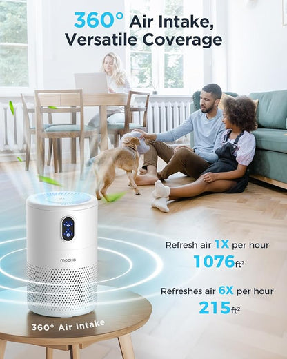 MOOKA Air Purifiers for Home Large Room up to 1076ft², H13 True HEPA Air Filter Cleaner, Odor Eliminator, Remove Smoke Dust Pollen Pet Dander, Night Light, B-D02L White