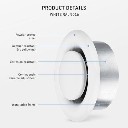 calimaero® TVSA 4 Inch AC Vent Cover Round Adjustable Steel Air Vent Deflector Inline Bathroom Air Duct Vent Cover Grille Exhaust White RAL 9016 HVAC